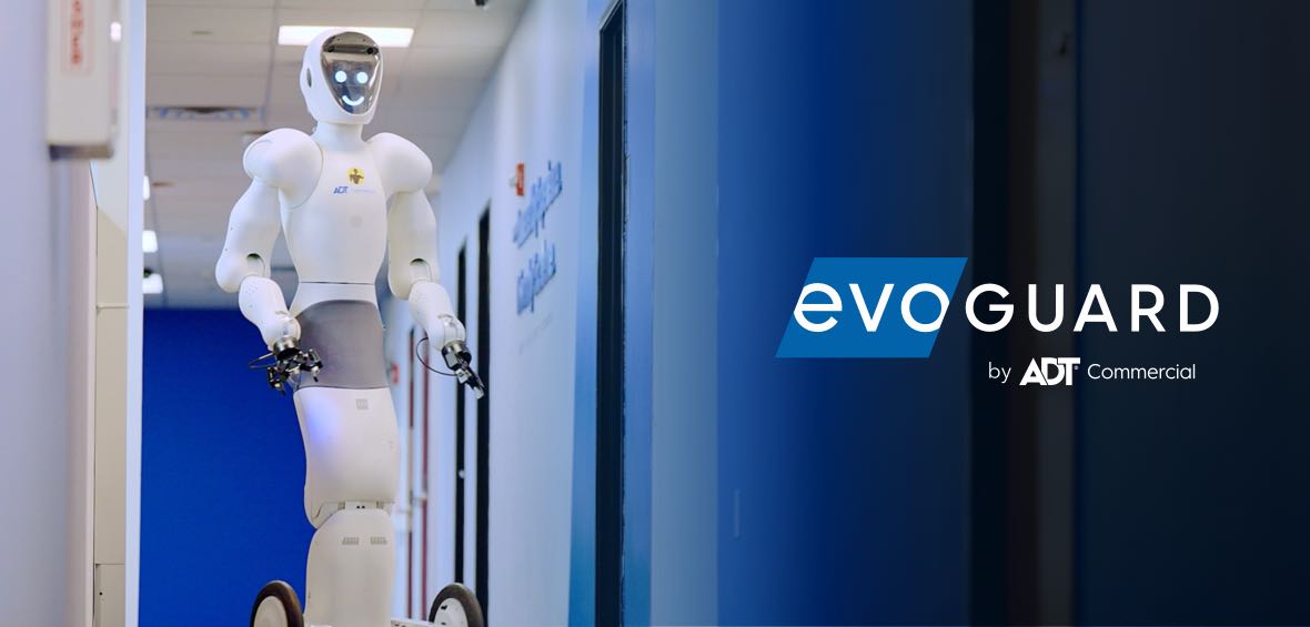 EvoGuard autonomous robot in hallway with EvoGuard by Everon logo superimposed